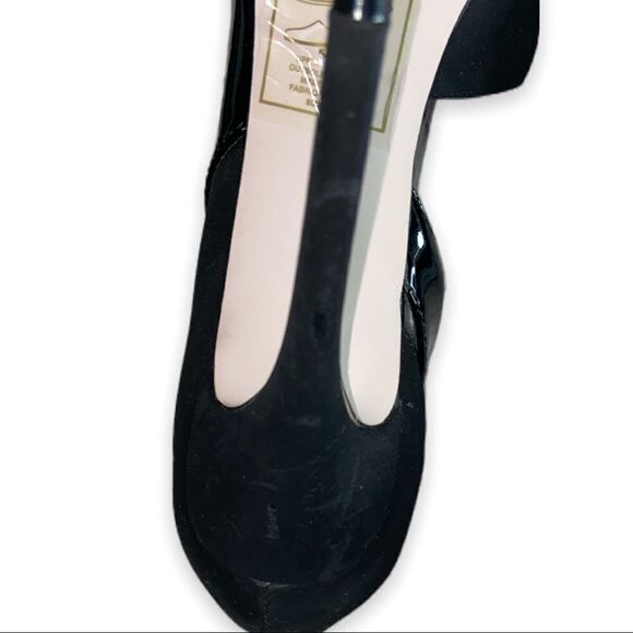 SS Signature by Sangria Black Faux Patent Leather Faux Suede Peep Toe Stilettos - Picture 12 of 14